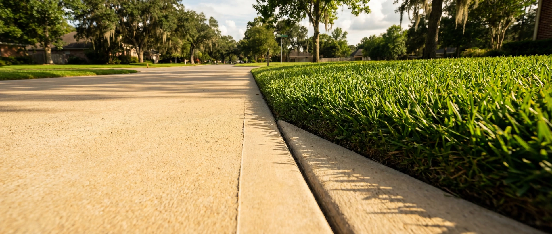 Razor-sharp grass edge along a residential concrete driveway in Gonzales, LA