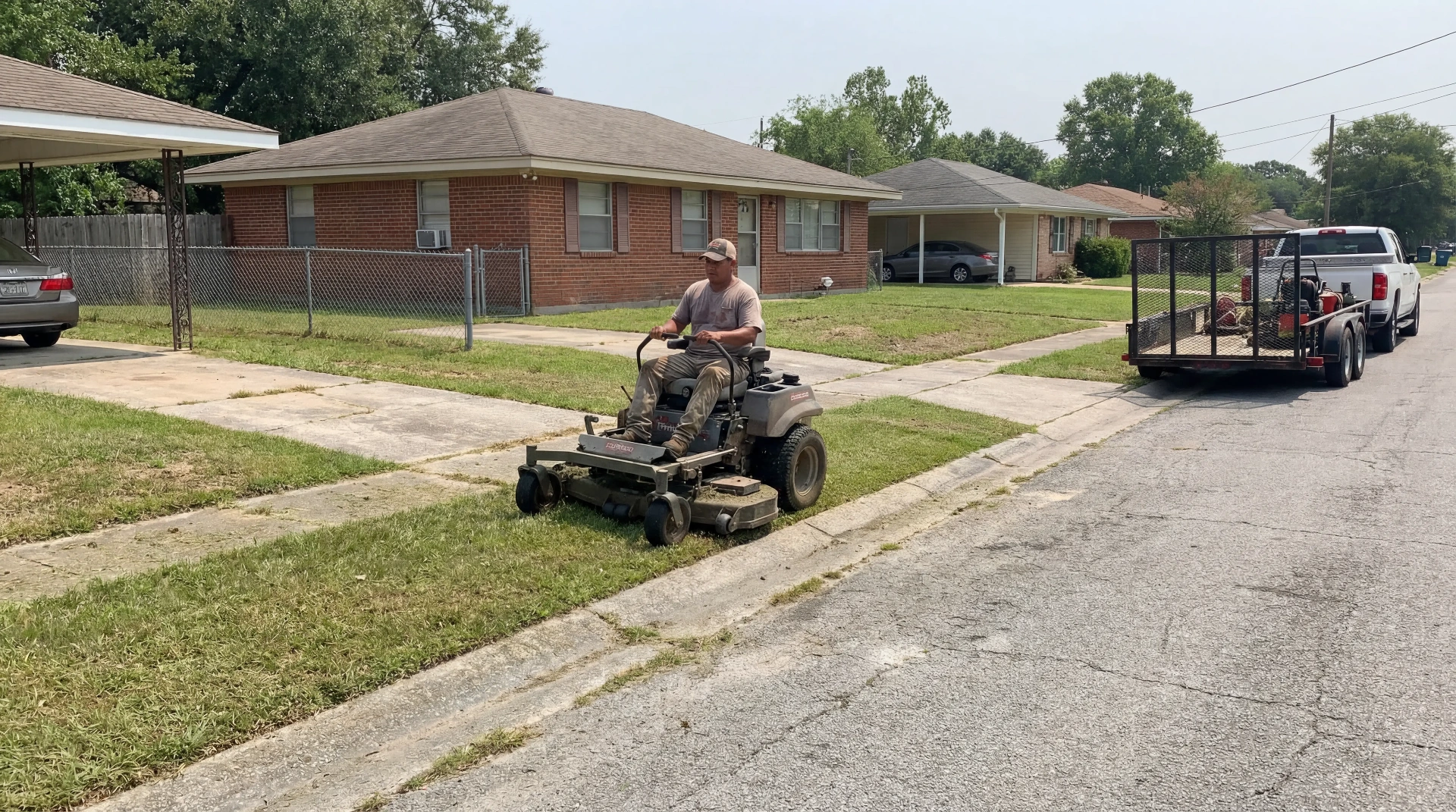 Local lawn care crew operating a zero-turn mower on a Gonzales, LA residential street