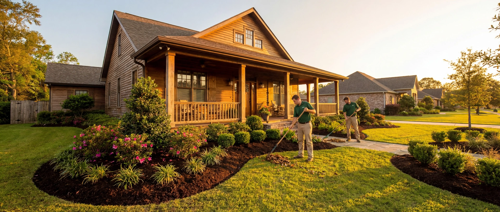 Two landscapers refreshing mulch beds and trimming shrubs at a Louisiana home